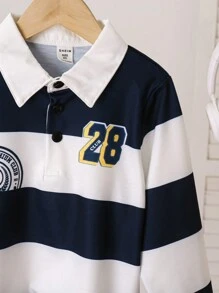 SHEIN Young Boys' Casual Sporty College Wide Striped Polo Shirt With Badge & Number Print, Blue & White, Suitable For Autumn Wear Alone, Suitable For Winter Wear With Outerwear, Suitable For Sports, Suitable For School,Holiday,Summer,Travel
