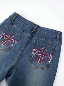 SHEIN Teen Girl Rhinestone Cross Flared Casual Jeans - Medium Wash - View 3