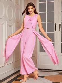 SHEIN Macacão elegante rosa sem mangas com plissados e decoração de cauda com cinto para adolescentes, adequado para festas, reuniões e celebrações de aniversário. - Rosa chiclete - Visão 3