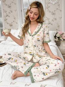 CottageSlumber Women's Plant Printed Top & Pants Pajama Set Holiday Season - Apricot - View 1