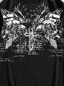 ROMWE MEN Goth Men's Summer Cross Slogan Graphic Round Neck Short Sleeve Casual T-Shirt, School, 2000s Style - Black - View 3