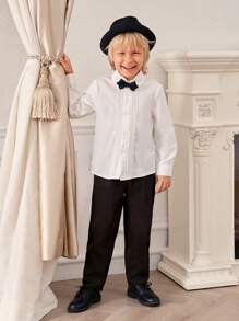 SHEIN 2 piezas Conjunto de caballero para niño pequeño: camisa + pantalones de unicolor, adecuado para deportes, regreso a la escuela, fiesta de cumpleaños, Navidad, Halloween, boda, baby shower en otoño e invierno - Blanco y Negro - Ver 1