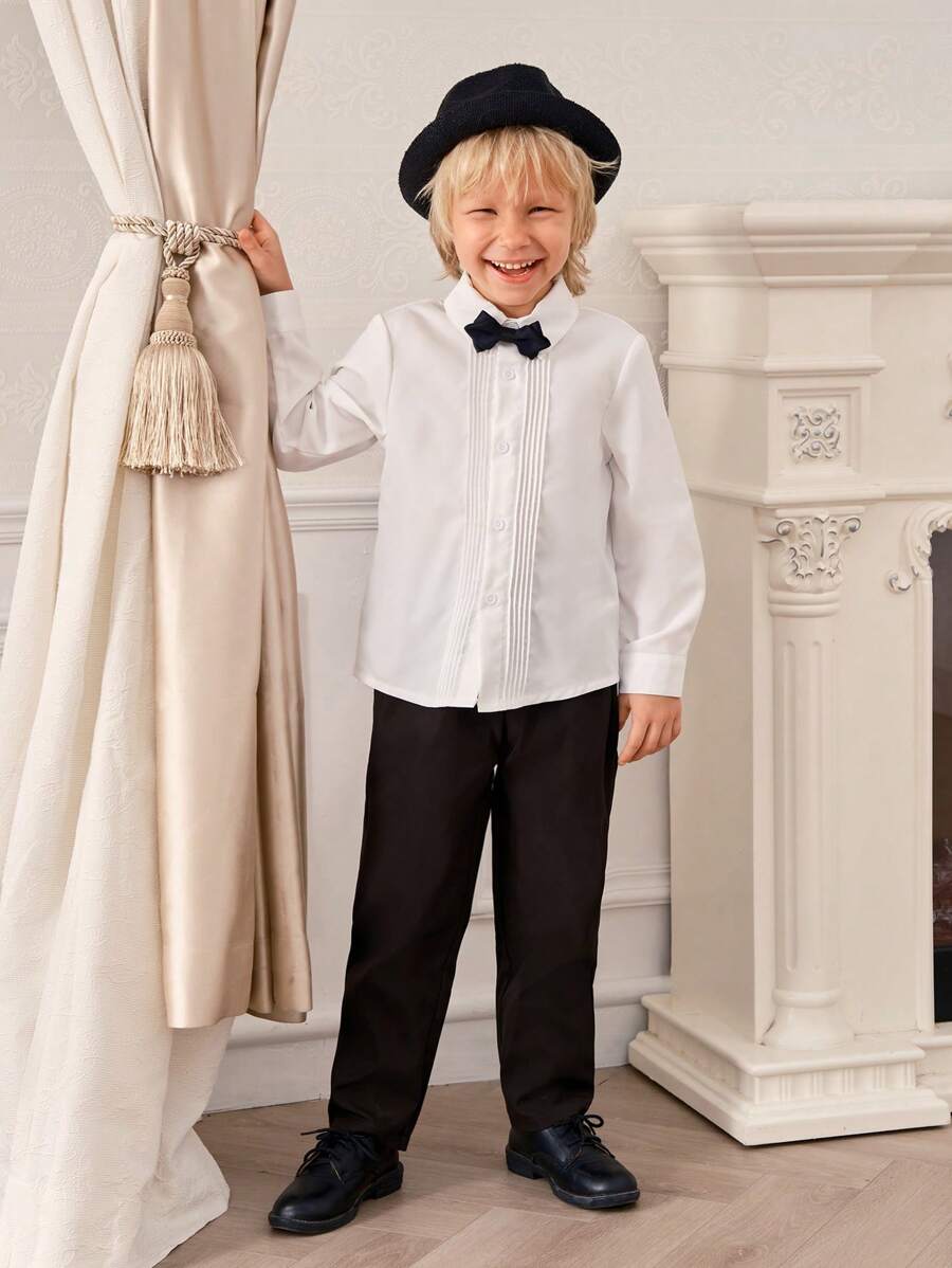 SHEIN 2 piezas Conjunto de caballero para niño pequeño: camisa + pantalones de unicolor, adecuado para deportes, regreso a la escuela, fiesta de cumpleaños, Navidad, Halloween, boda, baby shower en otoño e invierno - Blanco y Negro - Ver 1