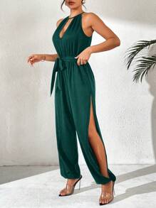 RosyDaze Women's Sleeveless Keyhole Neckline Spring/Summer Jumpsuit With Deep V-Neck, Elastic Waist, Neck Tie And Side Slit, 9/10 Length