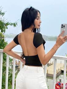 SHEIN EZwear 2pcs/Set Black Open Blue Round Neck Short Sleeve Tight Crop Top T-Shirt, Suitable For Summer - Royal Blue - View 4