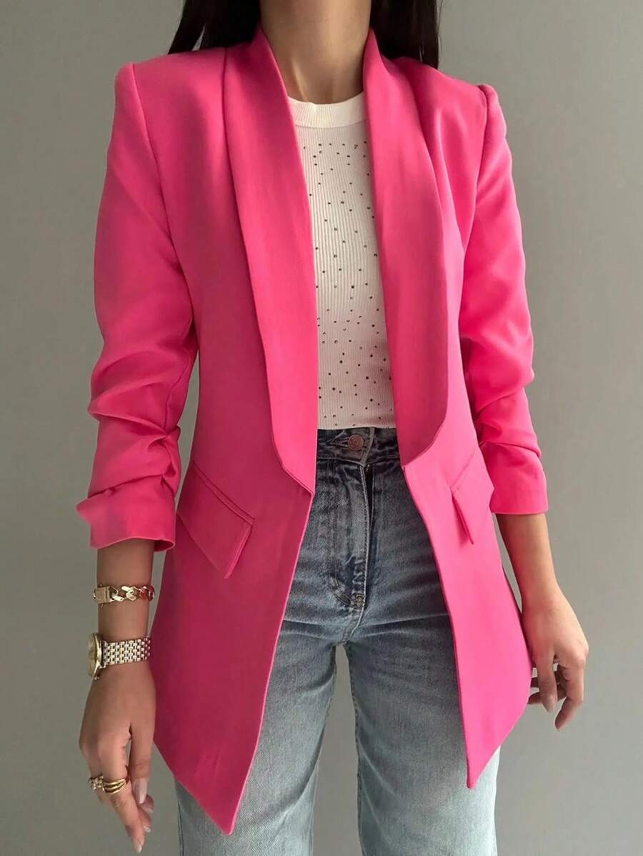 SHEIN Unity Plus Size Solid Color Shawl Collar Casual Long Sleeve Blazer Graduation,Back To School,Teacher Outfits For Women - Hot Pink - View 1