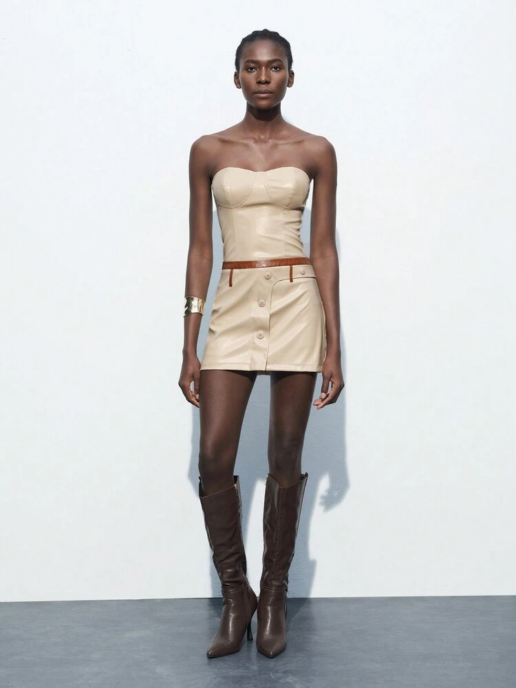 SHEIN Maija Colorblock Decor Bandeau Design Ladies' Fashion PU Leather Bodycon Dress For Birthday