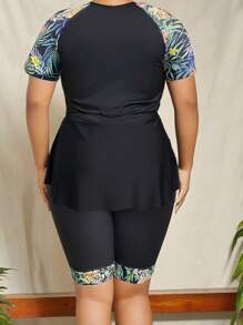 Swim Lushoire Summer Beach Plus Size Random Printed Tankini Swimwear Set - Black - View 2