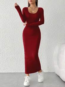 SHEIN PETITE Women's Round Neck Black Dress - Burgundy - View 3