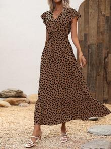SHEIN LUNE Vestido de cuello en V con estampado de leopardo cortado al azar para mujer - Café - Ver 3