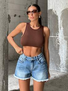 High Waisted Washed Denim Shorts