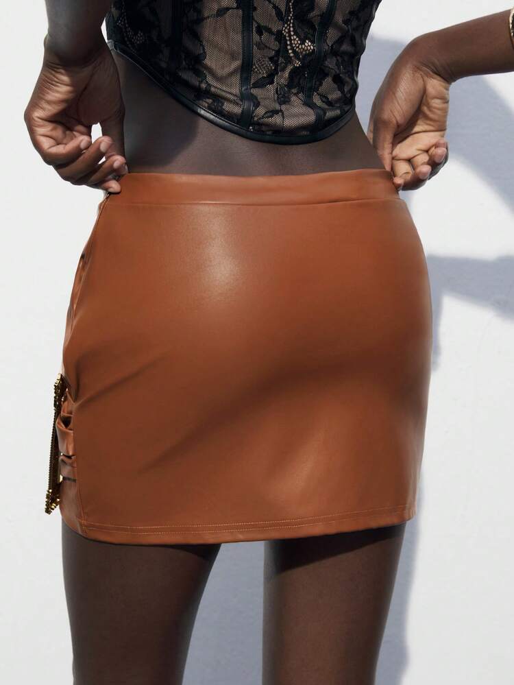 SHEIN Maija Women PU Leather Low Waist Metal Decor Skirt