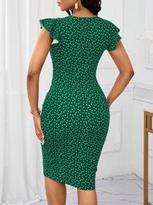 SHEIN Lady Office Dress Red Sun Heart Printed Smocked Ruffle Dress For Women,Polka Dot Dress - Green - View 2