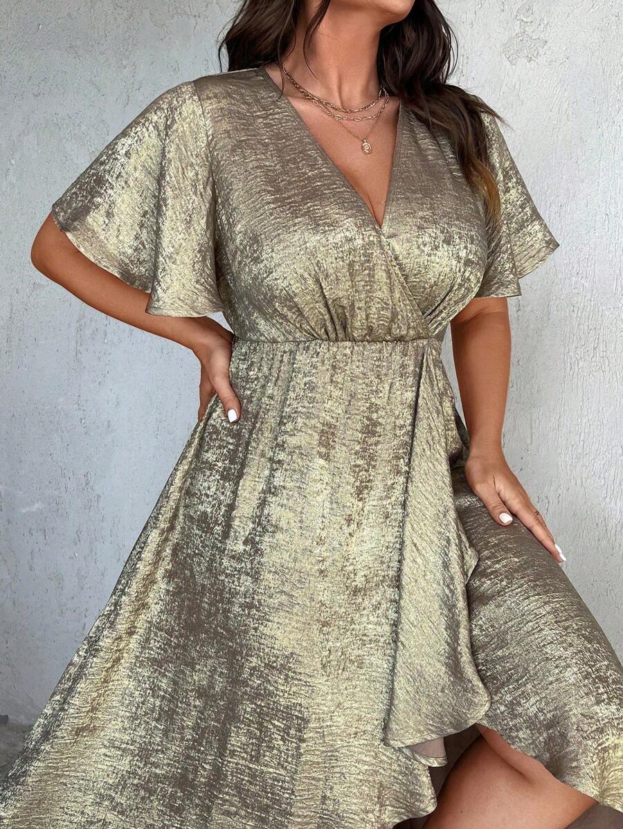 SHEIN Unity 夏季金屬交叉領蝴蝶袖裝飾包身連衣裙 - 金色 - 查看 1