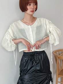 FRIFUL Women's Spring/Summer Solid Color Drawstring Lantern Sleeve Single-Breasted Cropped Shirt,Fall Women Clothes Long Sleeve Top - Beige - View 1