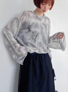 FRIFUL Ladies' Random Printed Basic Daily Long Sleeve Top Sheer - Grey - View 1