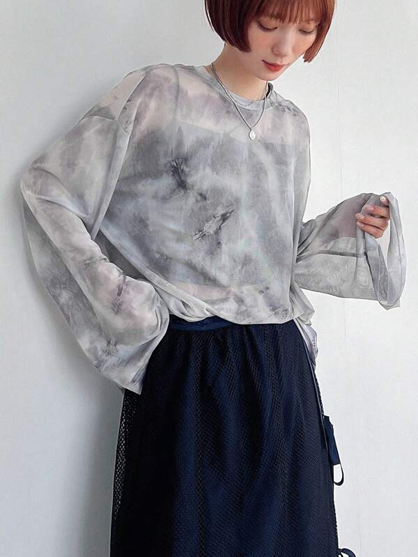 FRIFUL Ladies' Random Printed Basic Daily Long Sleeve Top Sheer