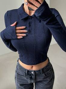 DAZY 秋季新款女式修身纹理T恤长袖女上衣 - 藏蓝色 - 查看 8