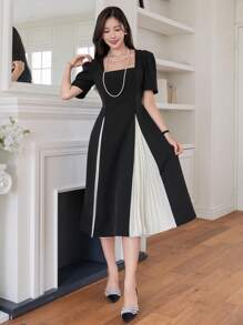 DAZY Vestido de mujer con cuello cuadrado, bajo con volumen y mangas cortas en patchwork - Negro - Ver 6