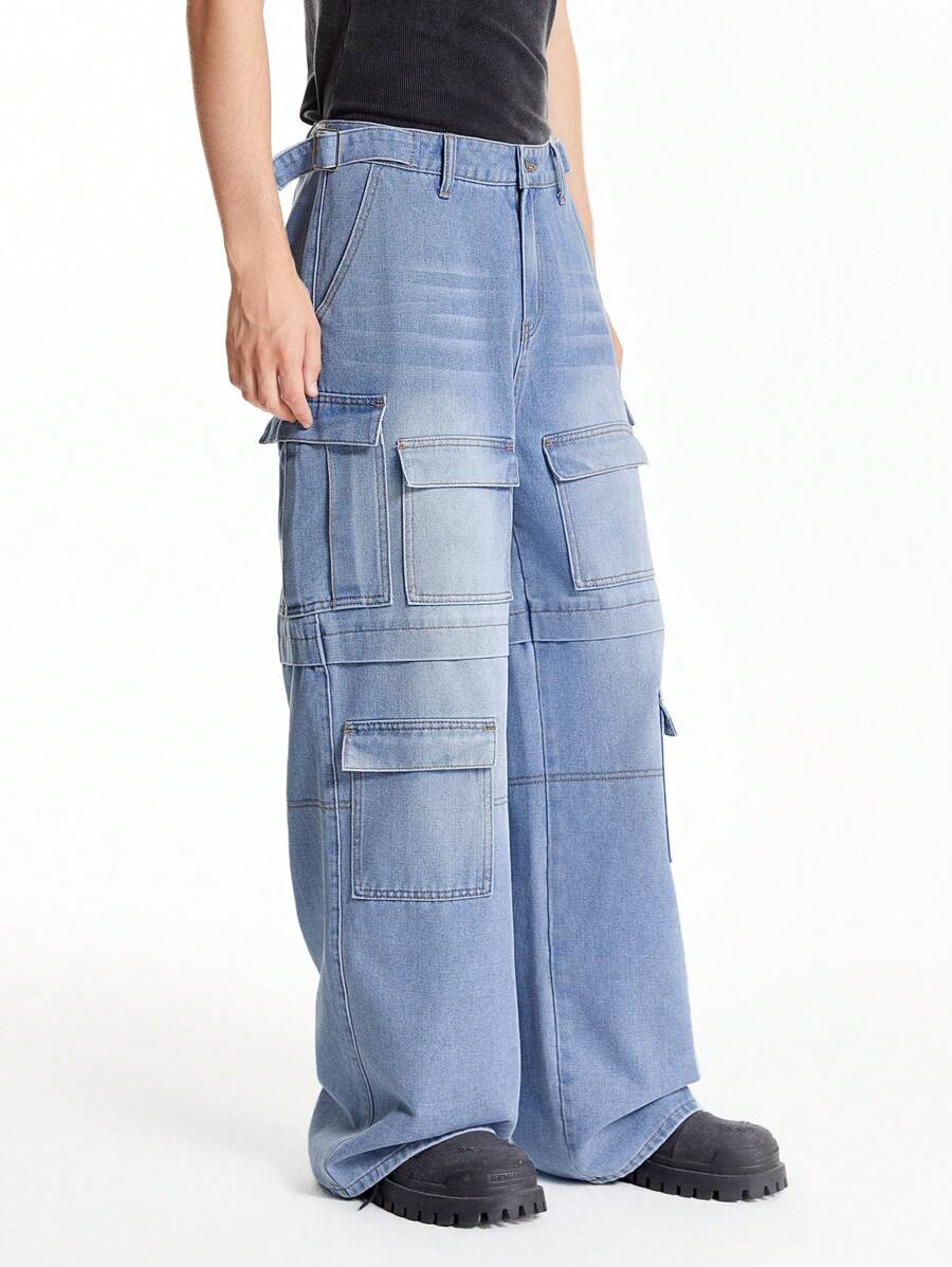 Chillumni 男式浅蓝色宽松工装牛仔裤 - 淺色水洗藍 - 查看 1