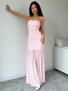 Elenzga Ladies' Elegant Summer Plain Shirred Chest Pink Mesh Long Dress - Pink - View 1