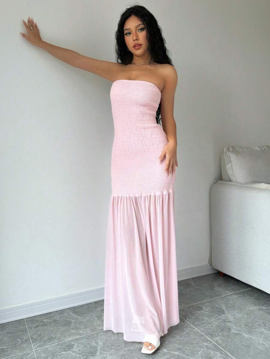 Elenzga Ladies' Elegant Summer Plain Shirred Chest Pink Mesh Long Dress - Pink - View 1