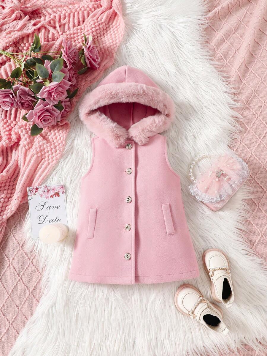 SHEIN Baby Girl Hooded Sleeveless Knitted Coat With Single Breasted Button And Patchwork Fluffy, Autumn And Winter - Pink - View 1