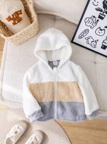 SHEIN 嬰兒男/女休閒可愛簡約色塊毛茸茸連帽外套，秋冬季 - 彩色 - 查看 11