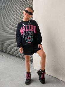 SHEIN 大少女們的休閒字母印花圓領長袖衫和短褲套裝,適合秋冬季節穿著 - 黑色 - 查看 6