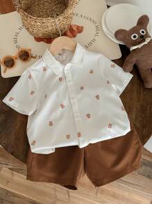 SHEIN LMoss Kids LMoss 2 件装年轻男童卡通熊图案 Polo 领短袖开衫上衣和纯色短裤适合旅行、上学、春夏季节 - 棕色 - 查看 7