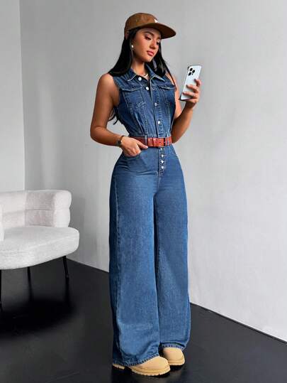 SHEIN EZwear Women's Summer Workwear Casual Sleeveless Denim Jumpsuit With Single Breasted Closure And Pocket