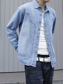 Manfinity EMRG 男士春夏宽松休闲通勤长袖牛仔衬衫，秋季 - 中等水洗藍 - 查看 7