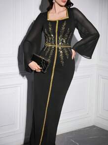 Modelyn Đầm dài tay thanh lịch cổ vuông đơn giản hàng ngày thêu trang trí cho nữ - màu đen - Xem 6