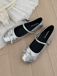 ROMWE Fairycore Women's Sweet Ballet Style Flat Marry Jane Shoes - Silver - View 2