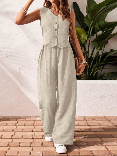 SHEIN Frenchy Women's Solid Color Front Button Sleeveless Blouse And Long Pants Casual Suit Set  Fall Women Outfits Women Outfit Sets Winter Women Sets Summer
