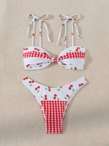 SHEIN Swim 女款夏季沙灘櫻桃印花扭結性感二件式比基尼泳裝套裝 - 紅白色 - 查看 3