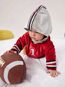 SHEIN 2 件套男婴可爱橄榄球角色扮演服装，带帽子，适合派对、秋冬季 - 紅色 - 查看 3
