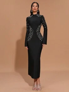 Rochie de seară formală pentru femei Modphy, cu mânecă lungă și model bandaj, de vară nouă, pentru femei - Negru - Vizualizare 3