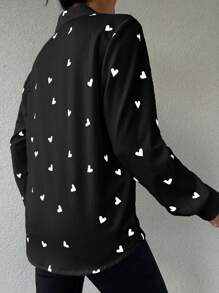 EURMUSE Áo sơ mi nữ dài tay in hình trái tim đơn giản hàng ngày - Đen và trắng - Xem 2
