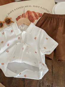 SHEIN LMoss Kids LMoss 2 件装年轻男童卡通熊图案 Polo 领短袖开衫上衣和纯色短裤适合旅行、上学、春夏季节 - 棕色 - 查看 8