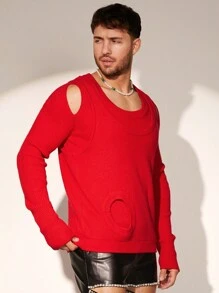 Manfinity AFTRDRK Men's Solid Color Hollow Out Long Sleeve Top And Ripped Tank Sweater Set