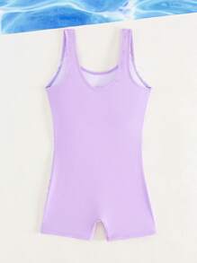 女童连体印花纯色拼布泳衣 - 淡紫色 - 查看 2