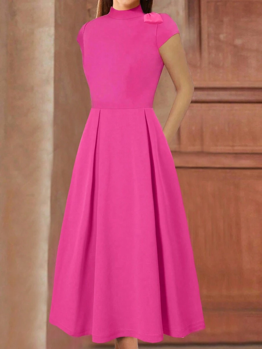 SHEIN Unity 女士夏季優雅純色立領腰身束腰連衣裙 - 玫紅色 - 查看 1