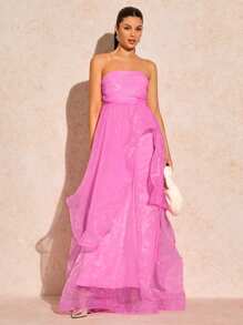 Zolique 禮服畢業典禮，女士優雅露背無肩帶網紗長裙 - 粉色 - 查看 5