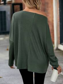 EMERY ROSE Women's Green Waffle Checkered Open Shoulder Batwing Sleeve Loose T-Shirt, Autumn Fall Cloth For Women - Green - View 2