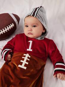SHEIN 2 件套男婴可爱橄榄球角色扮演服装，带帽子，适合派对、秋冬季 - 紅色 - 查看 5