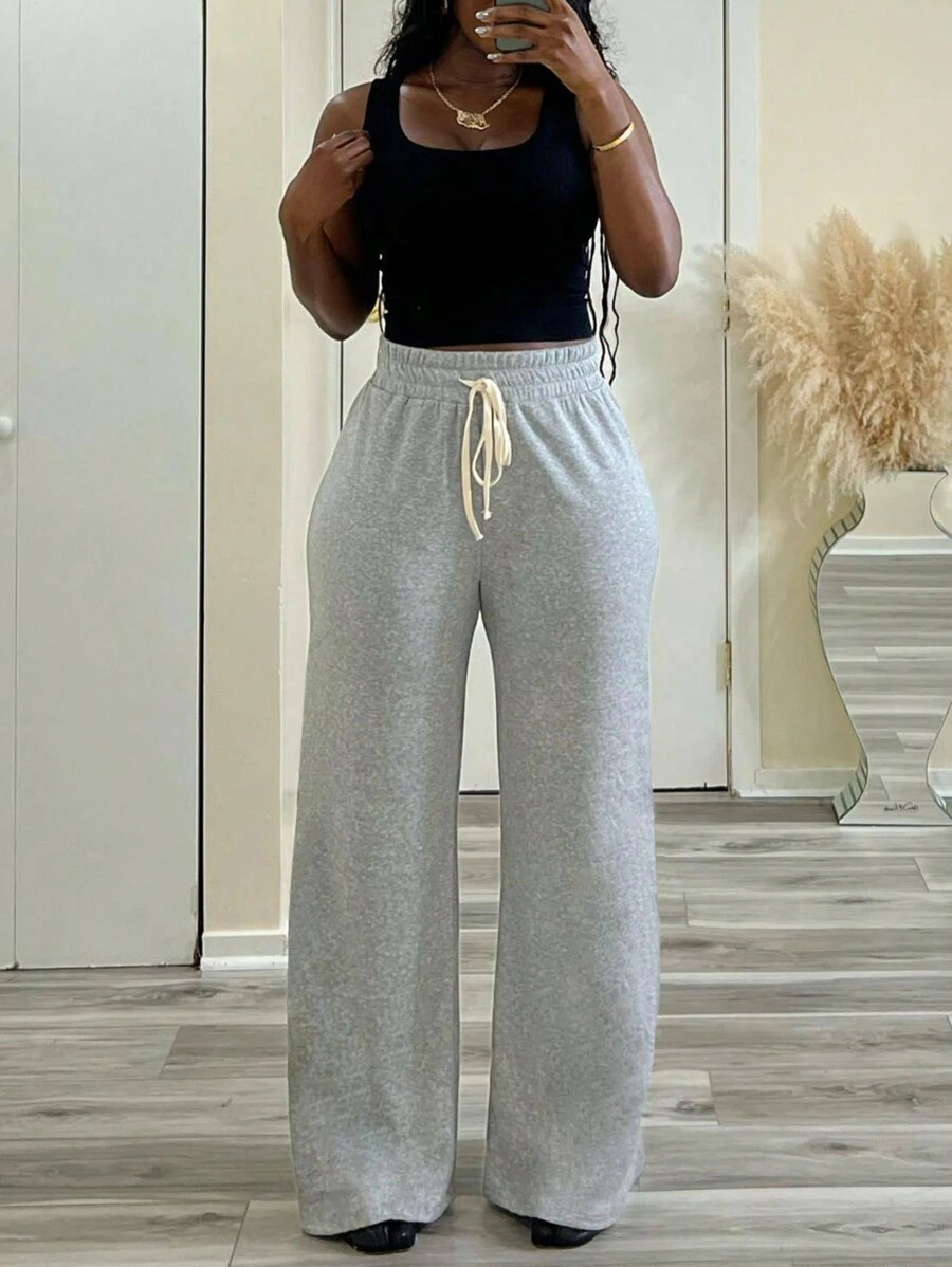 INAWLY Solva Quần short ống rộng có dây rút màu trơn thường ngày cho nữ - Xám - Xem 1