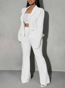 SHEIN SXY Plus Size Solid Color Button Front Shirt And Pants Suit Set, Minimalist In Fall/Winter - White - View 4