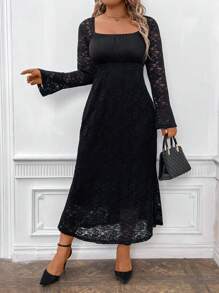 SHEIN Clasi 大码优雅蕾丝喇叭袖美人鱼下摆长款连衣裙，适合春秋季节 - 黑色 - 查看 4