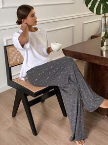 DAZY 简约宽松纯色白色上衣搭配花卉印花裤睡衣套装 - 白色 - 查看 6